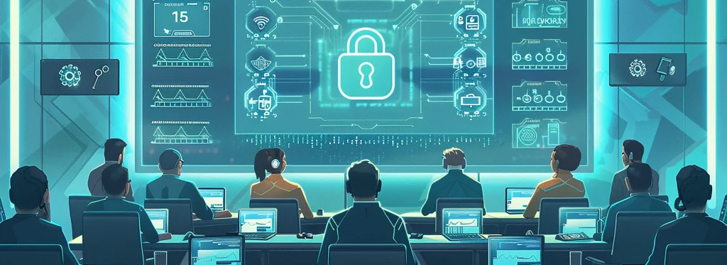 Ilustracja centrum operacyjnego cyberbezpieczeństwa – zespół specjalistów monitorujących systemy ochrony danych
