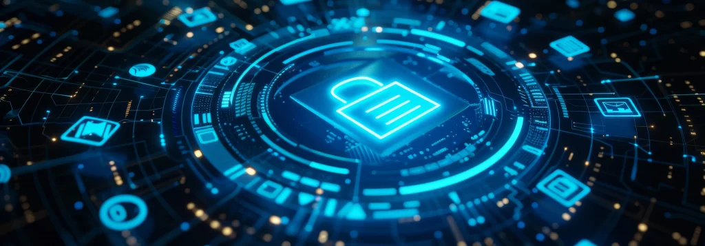 Cyberbezpieczeństwo – wizualizacja 3D kłódki w cyfrowej przestrzeni